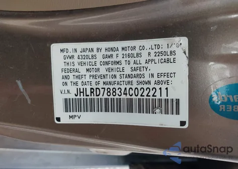 2004 Honda Cr-V Ex from USA, damaged, VIN JHLRD78834C022211